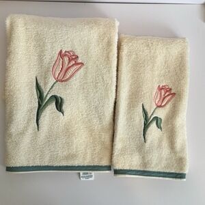 Vintage JCPenney Embroidered Tulip Bath & Hand Towel Set Of 2 USA Cotton